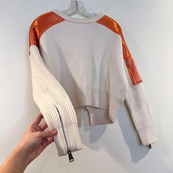 Maje x Schott Wool Blend Cream Satin Designer Cropped Pullover Cropped Sweater 1 - Picture 4 of 8